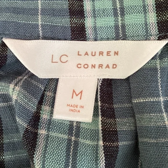 LC Lauren Conrad Teal Green Plaid Square Neck Balloon Sleeves Peasant Top Size M - Picture 12 of 15